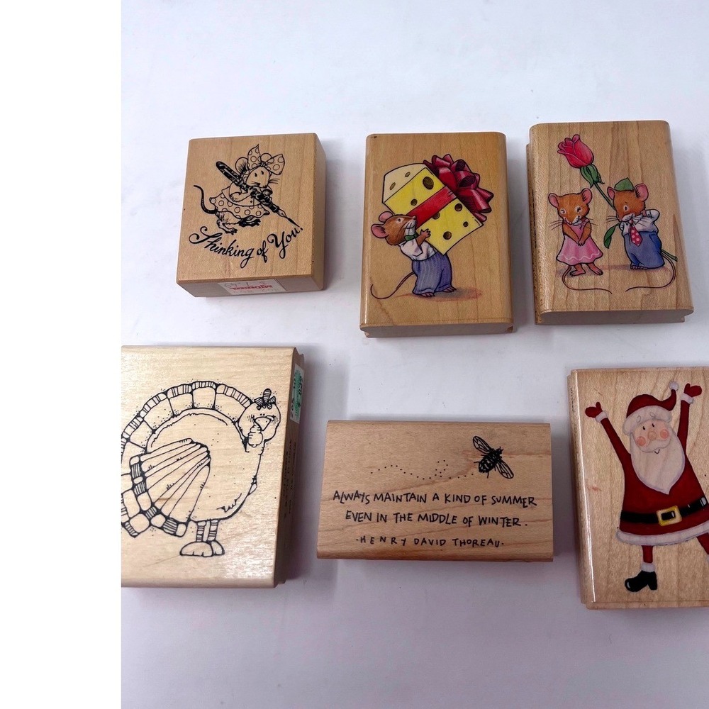 Vintage Inkadinkado Rubber Stamp Lot Town Mouse Santa Turkey Thoreau Quote 6pc